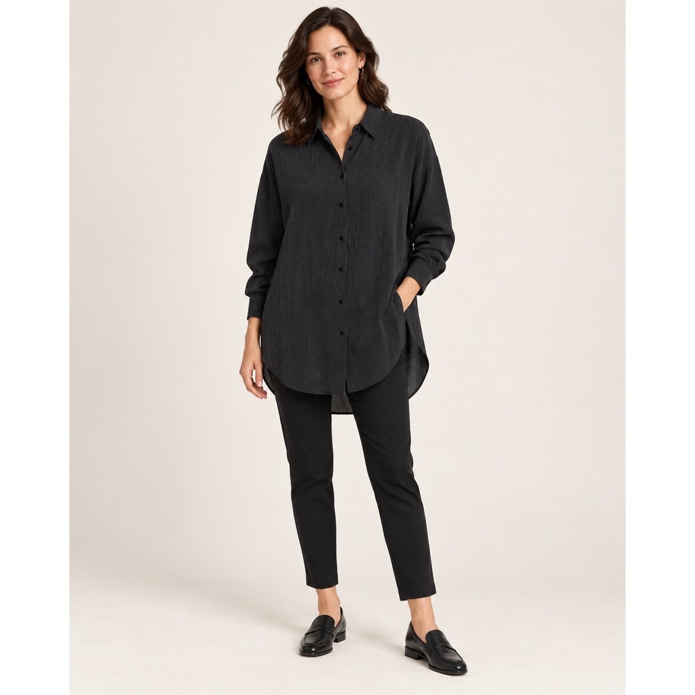 NWT Eileen Fisher S Black Pinstripe Tencel Cotton Classic Collar Shirt relaxed